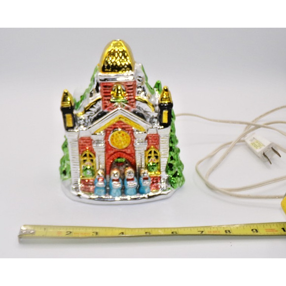 Vintage Small Light-Up Ceramic Christmas Church Choir Metallic Shiny Brite - Picture 15 of 16